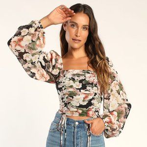 NWT Lulus Black Floral Ruched Long Sleeve Crop Top XS
